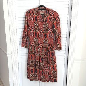 Gene‎ Ewing Dress, Western Patchwork Print, Rust, Red, Tan, Black, Vintage 1980s